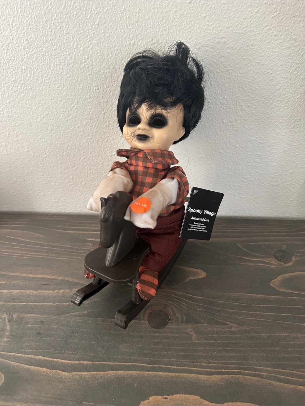 Animated Rocking Horse Doll - Black Hair, Orange Plaid Outfit